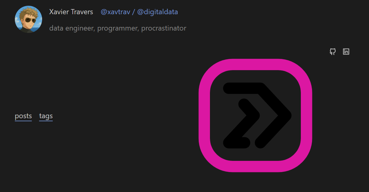 image of header banner with profile photo but icon to code digital website is too big and arrow is black on black background